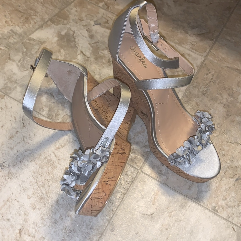 Charles by Charles David silver satin floral wedges